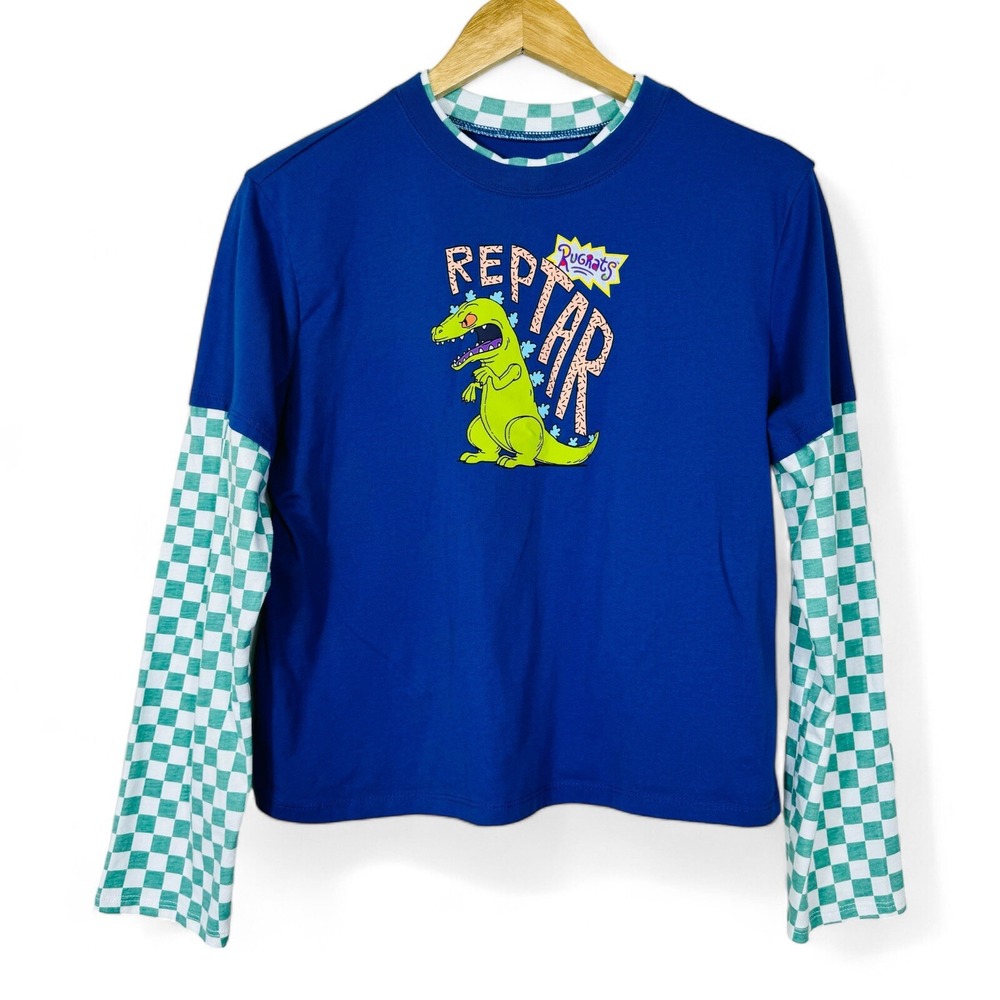 Nickelodeon Rugrats Reptar Graphic T-Shirt Blue Checkered Layered Sleeve Kids XL